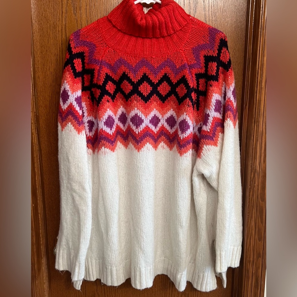 Aerie Coral Red, Navy And Cream Turtleneck Tunic Sweater Size XXL
